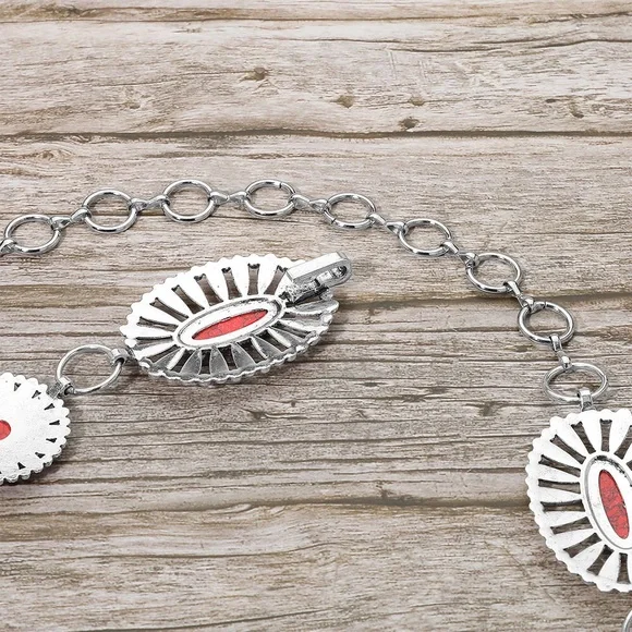 Silver & Red Boho Vintage Western Stone Concho Statement Belt